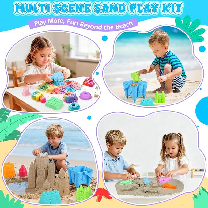 Beach Toys, Creative Sand Toys for Kids Boys and Girls, Sand Castle Building Kit with Stack Castle Buckets, Tools, Mesh Bags, Character Molds for Role Play, Outdoor Toys for Toddlers Kids Ages 3-10