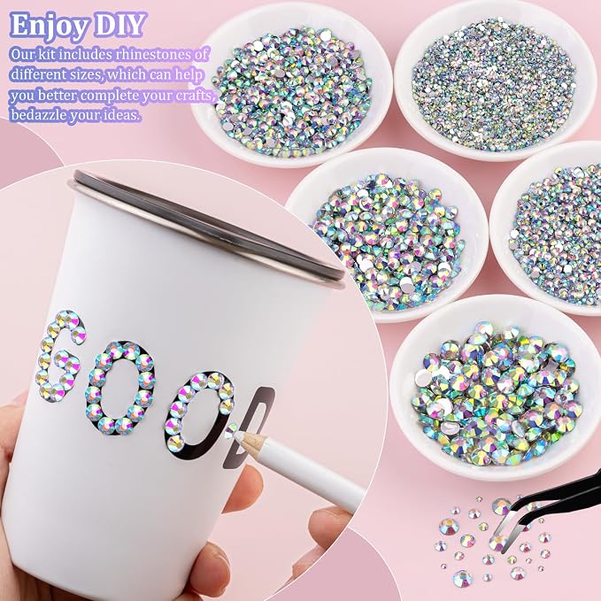 25000Pcs Resin Rhinestones for Crafting, AB 2-6mm Mixed Sizes Non Hotfix Flatback Gems with 1Pcs Glue, Bedazzling Crystal for DIY Craft Clothing Mugs Tumblers Shoes Fabric Decor Nail Art