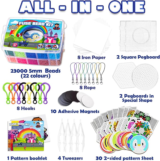 FUNZBO 23000 5mm Fuse Beads Kit - 22 Colors | 106 Patterns, School Arts and Crafts Supplies for Kids, Toys Set, Art Decorations for Room, Birthday Gifts for Girls and Boys Age 5+
