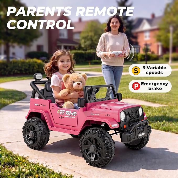 ARBELI 12V Ride On Truck Car with Remote Control, Kids Electric Vehicles with Bluetooth Music, Horn, 3 Speeds, 4 LED Lights, Soft Start, Ride on Toys for Toddler Boys & Girls, Pink