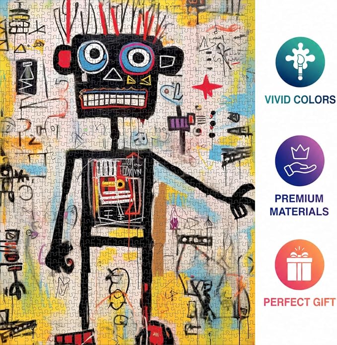Cross & Glory - Neon Robot Rhapsody - 1000 Piece Jigsaw Puzzle for Adults | Abstract Neo-Expressionism Art | Luminous Yellow Highlights | Premium Quality | Vibrant Colors