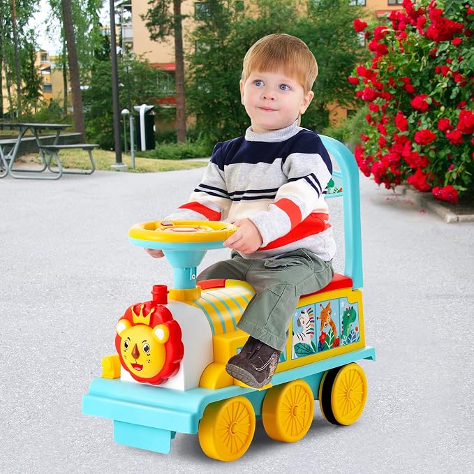Costzon Ride on Toys, 6V Electric Ride on Train with Tracks, Storage Seat, Flashing Lights & Music, Backrest, Anti-tilt Device, Gift for Toddler Boys & Girls, Battery Powered Ride on Car (Blue)