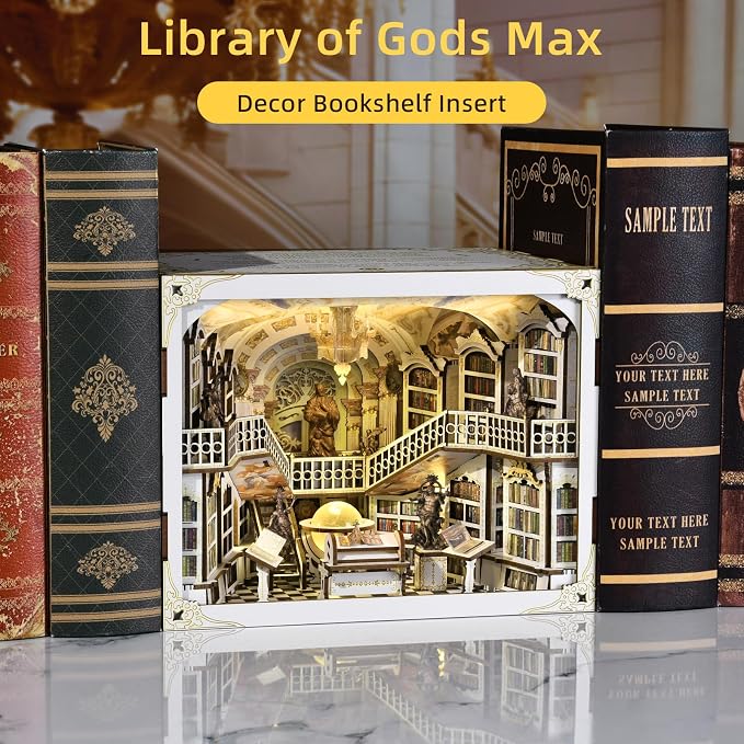 𝐂𝐂𝐂𝐃𝐅 DIY Book Nook Kit, DIY Miniature Dollhouse Booknook Kit, 3D Wooden Puzzle Bookend Bookshelf Insert Decor with LED Light for Adults (Library of Gods Max)