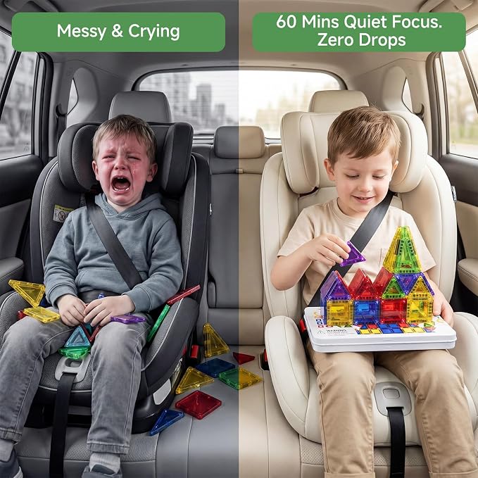Mini Magnetic Tiles for Kids Travel: 40 PCS Cartoon Tin Box Magnet Building Blocks to Stop Crying - 60 Mins Quiet Play 30s Cleanup - Birthday Gift Boys Girls Age 3-8