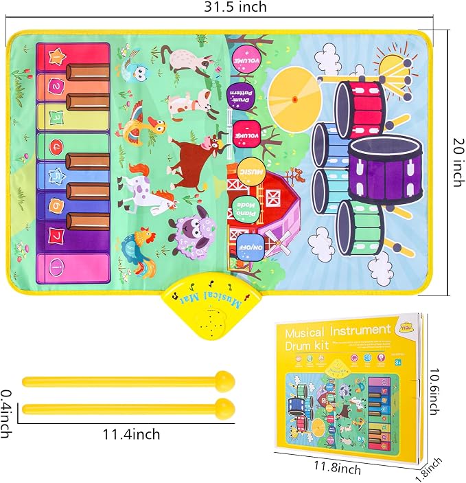 Musical Farm Animals Sounds Piano Mat for Kids, Educational Learning Toy | Sensory Interactive Floor Touch Play Mat with Drumset Dancing Keyboard Carpet for 3-12 Year Old Boy Girl Gifts
