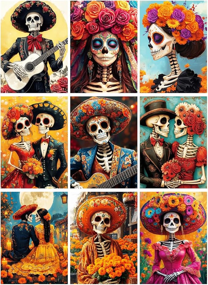 Paint by Numbers for Adults and Kids Beginner, 9 Piece Skull Painting by Number Kits On Canvas, Number Artist Paint by Number Kit DIY Halloween Oil Painting Acrylic Paints, Home Wall Decor Gift12X16in