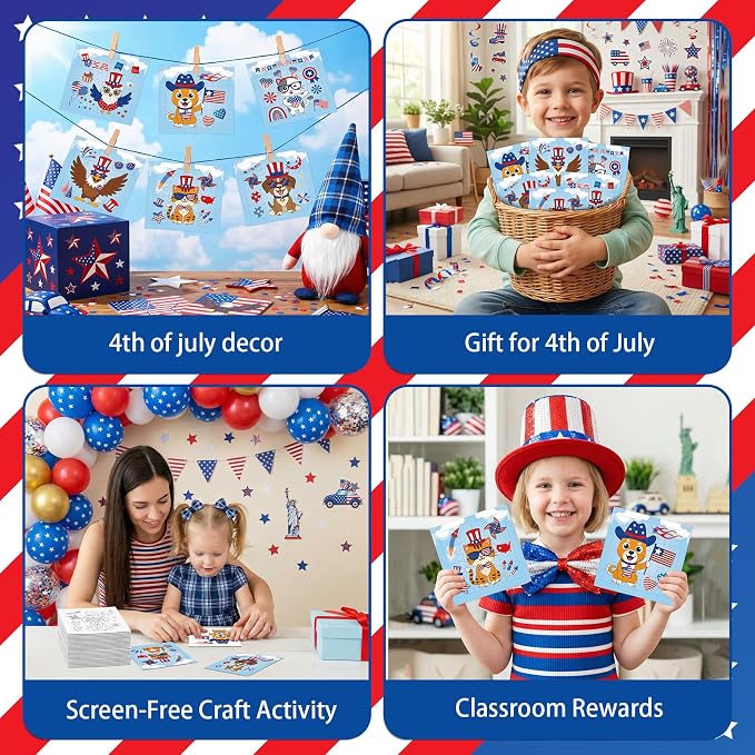Fennoral 24 Pack 4th of July Craft Kit for Kids Color You Own Cute Animal Patriotic Jigsaw Puzzle with Base DIY Coloring Independence Day Art and Craft for Classroom Activity Party Favor,4.7inch
