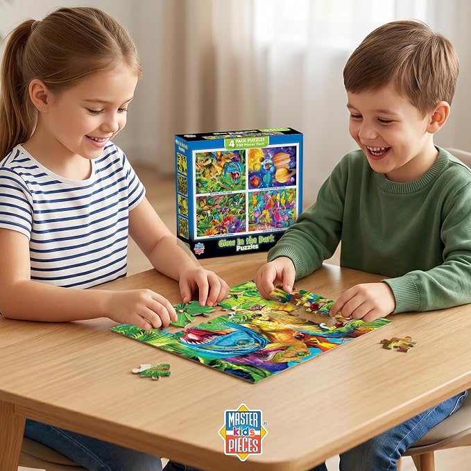 MasterPieces – Jigsaw Puzzle Set for Kids 6+ Years, 4-Pack of 100 Pieces, Educational and Fun Game, Blue Glow in The Dark Collection, Gift Idea for Children, 8" x 10