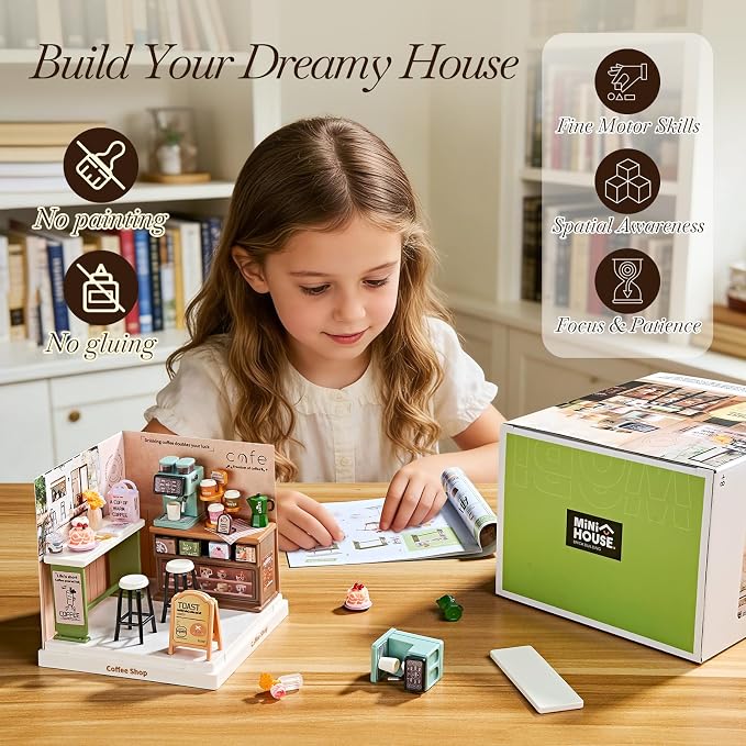 Miniature Coffee Shop DIY Kit with Acrylic Display Case – Collectible Café Dollhouse Room, Tool-Free Mini House Craft for Teens, Adults & Beginners