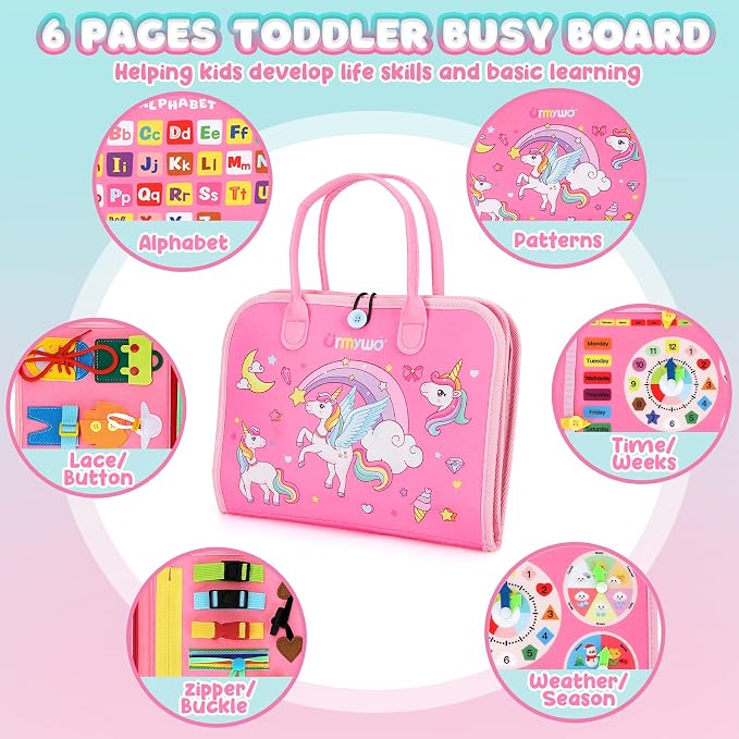 URMYWO Toddler Busy Board - Busy Book Montessori Toys Ages 3 and up - Preschool Learning Activities with Alphabet Number Animal, Educational Travel Toys Birthday Gifts for Kids