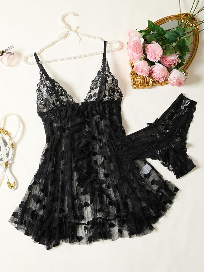 Foxiny Sexy Open Front V Neck Ruffle Sheer Mesh Lace Wireless Babydoll Lingerie Dress with Thong 2 Piece
