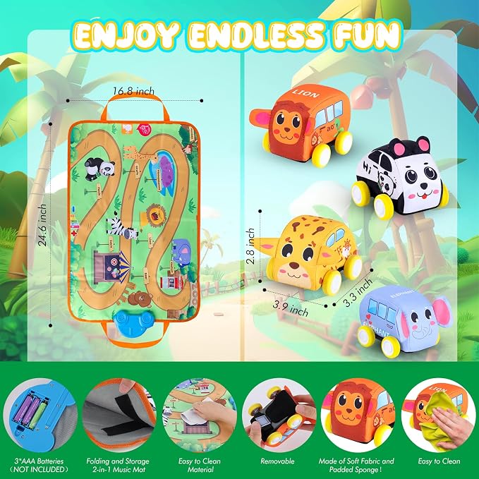Jetbotell Soft Pull Back Vehicle & Music Mat Set for Toddler Toys 1-3 | New Interactive Mode | 4 Cute Animal Cars | Touch Play Blanket | 3 Nursery Rhyme | 8 Animal Finding Problems | Safe Portable