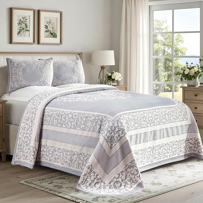 Superior Cotton Blend Bedspread Set, Includes 1 Tailored Bedspread and 1 Matching Pillow Sham, Lightweight Blanket, Bedding Decor, Jacquard Vintage Floral Mandala, Lyron Collection, Twin, Slate Blue