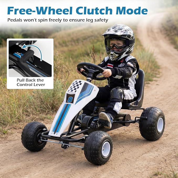 Costzon Pedal Go Kart, 4 Wheel Ride on Toy Pedal Car with Adjustable Seat, Handbrake, Free-Wheel & Pedal Modes, Outdoor Bicycle Go Cart with Wear-Resistant Wheels, Gift for Boys and Girls (White)