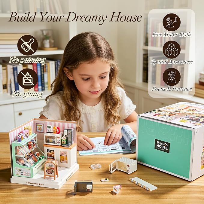 Miniature Convenience Store DIY Kit with Acrylic Display Case – Mini Market Dollhouse Scene, Tool-Free Craft Set for Teens, Adults & Beginners