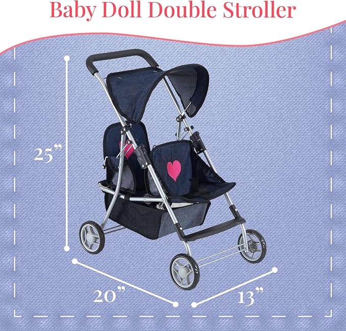 The New York Doll Collection First Twin Stroller - Cutest Heart Design Baby Strollers Great Toy Gift for Toddlers and Girls (Denim) Blue,pink