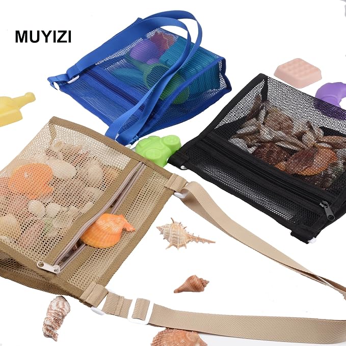 MUYIZI Mesh Beach Bag for Collecting Shells 3 Pack,Shell Bags for Beach,Sea Shell Bags for Picking Up Shells,Beach Shell Bag for Kids, Sand Toys Swimming Accessories for Boys and Girls