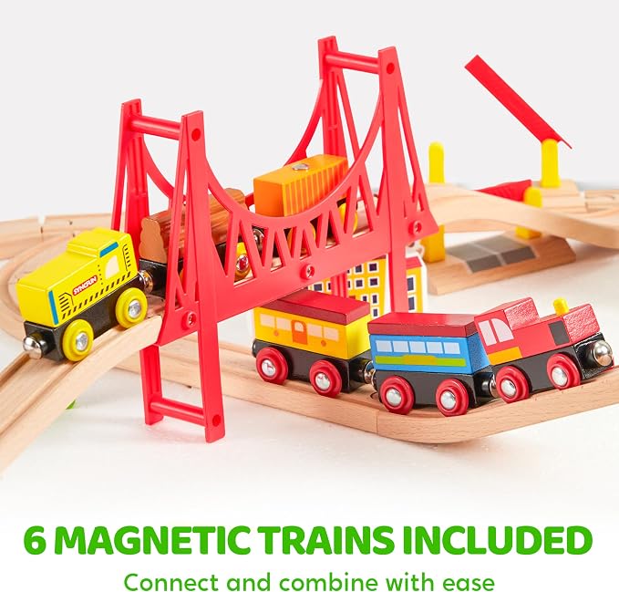110PCS Wooden Train Set - Toy Magnetic Trains with Wooden Track Set for Kids Ages 3-8, City Scene Railway Set, Perfect Easter Birthday Gift for Grandkids Toddlers Boys Girls
