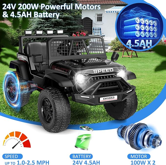 Hikole 24V Ride On Toys for Big Kids, 24V Power Wheels Truck with Remote Control, 3 Speed, Bluetooth, Music, Soft Start, Spring Suspension, LED Light, Electric Cars for Kids Boys Girls 3-5, Black