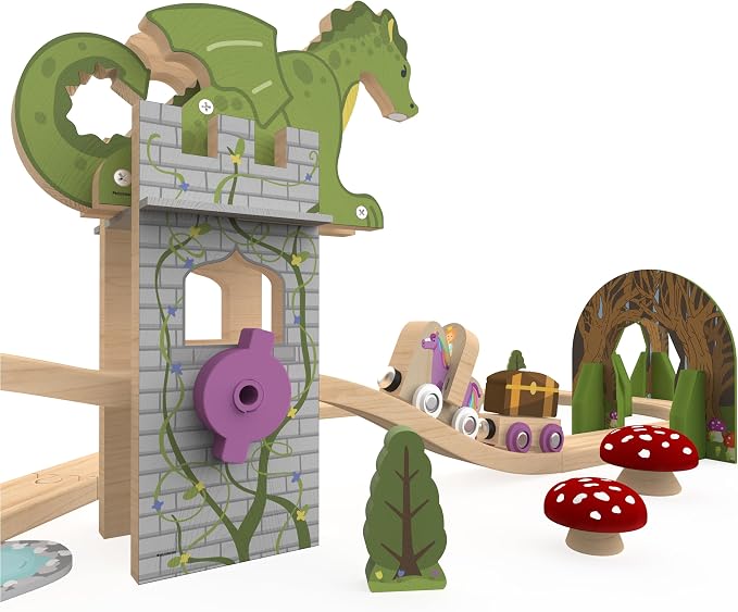 Wooden Train Set 68 PCS Castle Dragon Unicorn Fantasy Kingdom Adventure Playset w/Storage Box Train Toys for Girls Toddlers Grandkids Kids Compatible with Thomas Brio Melissa and Doug