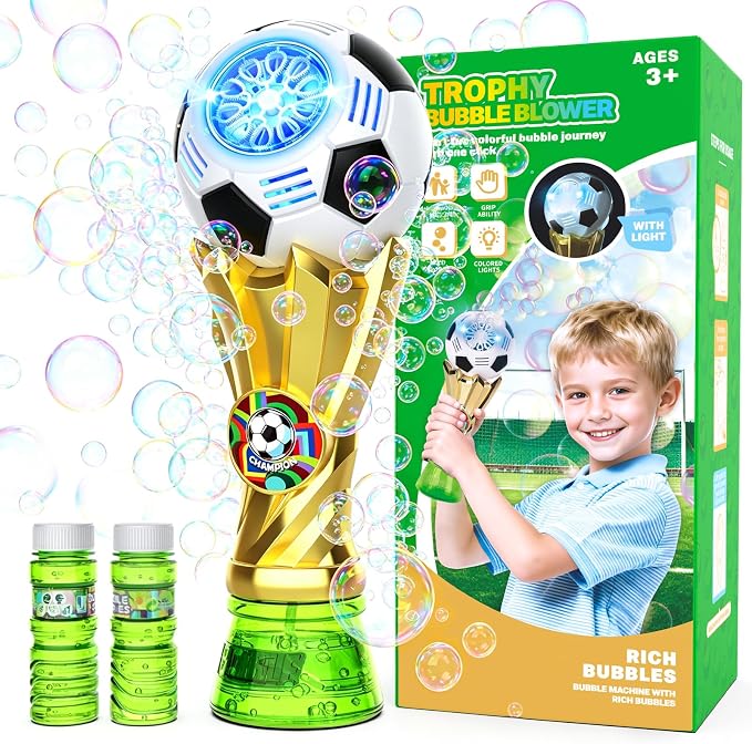 FUNBZO Bubble Machine for Kids - Soccer Trophy Bubble Wand with 2 Solution Refill, Automatic Bubble Blower, Bubbles Maker Blaster Outdoor Toys, 2026 Merchandise Birthday Gift for Boys Girls 3+