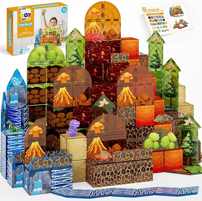 TOY Life 79PCS Magnetic Tiles Dinosaur Toys Set, Magnet Building Blocks Lava Dino World for Kids Ages 3-5, Jungle Animals Construction Toys for Toddlers 4-8, STEM Educational Gift for Boys & Girls 3+