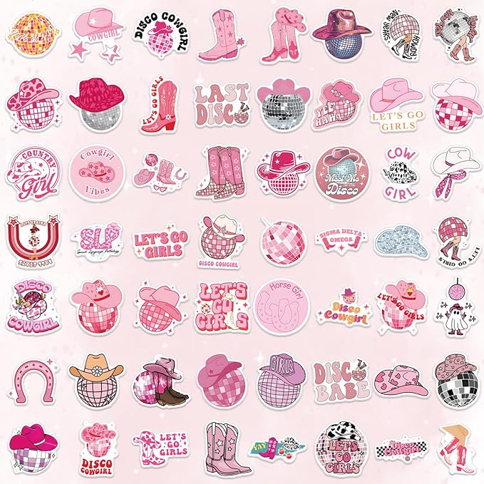 QTL Pink Disco Cowgirl Stickers for Girls Teens, Western Cowgirl Party Supplies, Waterproof Vinyl Stickers for Water Bottles and Laptop, 50PCS