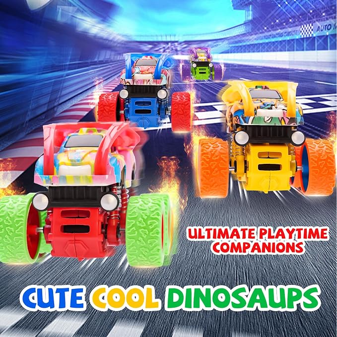 Monster Truck for Boys 3 4 5 6 7 Year Old,4 Pack Push and Go Friction Powered Car Toys, Double-Directions Inertia Pull Back Vehicle Set,Birthday Party Gift for Kids (Type_D)