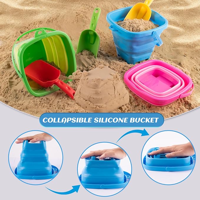 Collapsible Beach Toys for Kids & Toddlers, 3 Pack Foldable Silicone Sand Buckets with 3 Shovels & Mesh Storage Bag, Portable Water Pail for Easter Egg Hunt, Camping, Travel