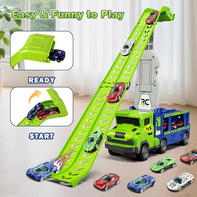 BainGesk Truck Car Toys for 3, 4, 5, 6 Years Old Boys Girls, 3 in 1 Carrier Truck with 2 Foldable Race Tracks, Transport Car with 6 Metal Cars, Birthday Toys Gifts for Toddlers