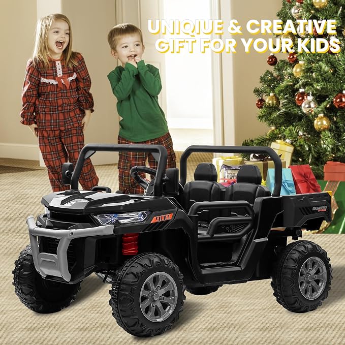 24V 4WD Ride on Truck Car w/4X200W Motor, Dump Bed, Gift Flower, 2 Seaters, Remote Control, 4 Wheeler, LED Light, Music, 24 Volt Ride on Toys for Big Kids Girls 3-8, Black