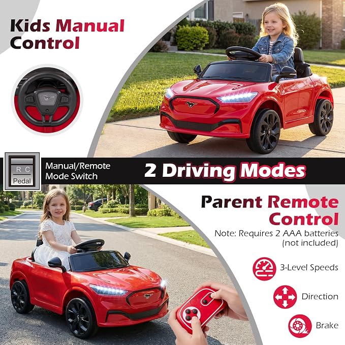 Costzon Ride on Car, 12V Licensed Ford Mach E Kids Electric Vehicle with Parent Control, LED Lights, Horn, Music, Wireless Connection & Spring Suspension, Kids Car Toy for Girls Boys (Red)