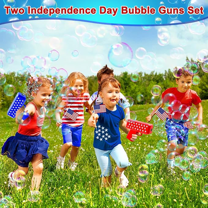 iGeekid 2 Pack Bubbles Guns Toys 4th of July Party Favors, 4th of July Accessories Patriotic Bubbles Makers with 4 Bubble Solutions & Star for Kids Independence Day 250th Anniversary Party Decorations