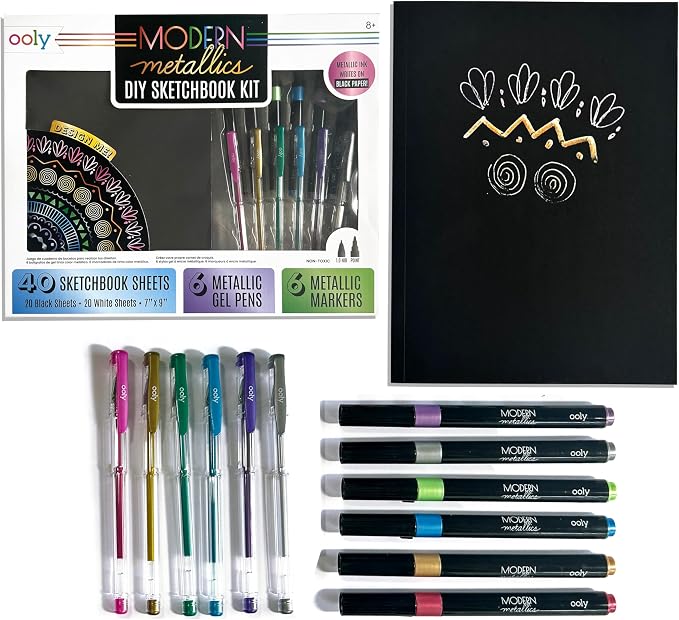 Ooly 13 PC Metallic Drawing Kit Includes 6 Metallic Markers, 6 Metallic Gel Pens and 40 Sheets of Black & White Paper, 20 for Each Color