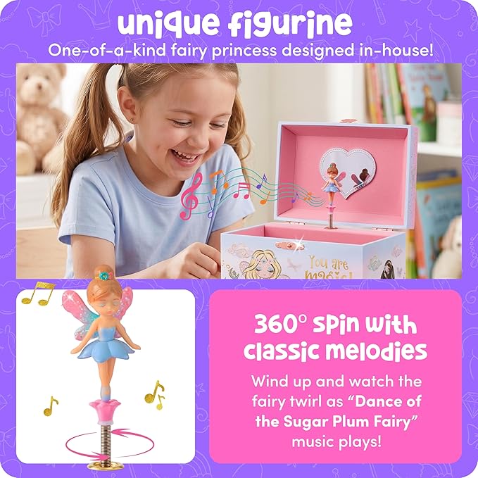 Giggle & Honey Musical Fairy Jewelry Box for Girls - Kids Music Box with Spinning Fairy and Mirror, Princess Birthday Gifts for Little Girls, Childrens Jewelry Boxes for Ages 3-10 - 6.8 x 5.3 x 6 in