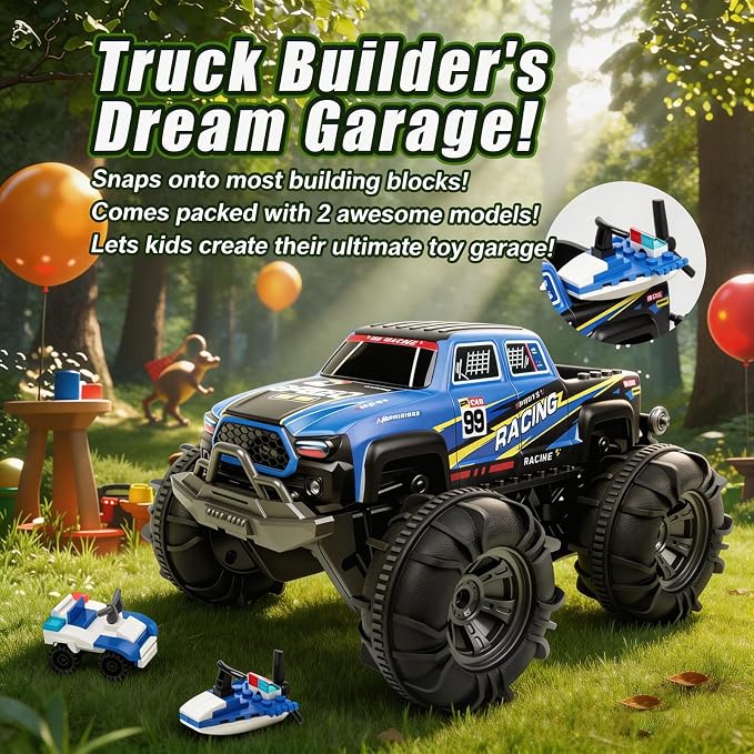 Amphibious Remote Control Car, Monster Trucks for Boys Age 4-7, Monster Truck Toys W/Blocks & 360°Spin, 4WD All-Terrain Off-Road RC Cars with 2 Batteries 100 min, 2.4GHz Pool Toy Gift for Kids