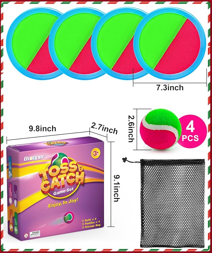Toss and Catch Ball Game Outdoor Toys for Kids Ages 3-12 & Family, Outside Games for Beach Pool Yard Camping, Boys Birthday Gift, 4 Paddles 4 Sticky Balls & Storage Bag