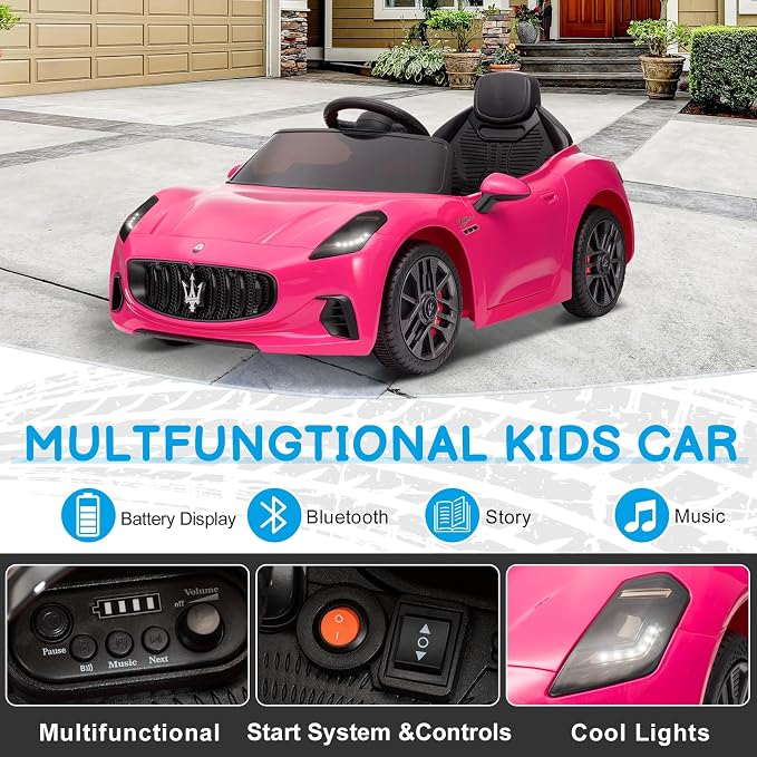 Winado 12V Ride on Car, Licensed Maserati Electric Car for Toddlers W/Remote Control, Battery Car for Kids with Bluetooth, 3 Speeds, LED & Rear Lights, Music & Horn (Pink)