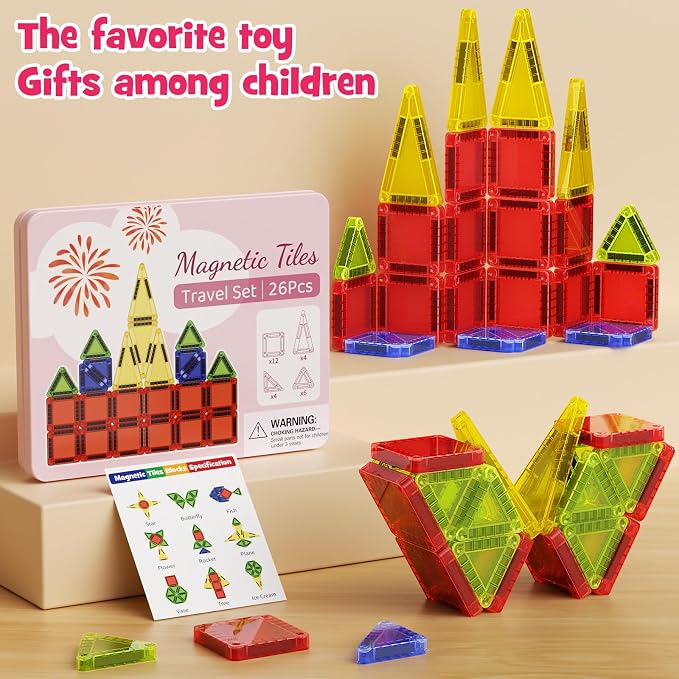 26PCS Mini Magnetic Tiles Travel Set Iron Box Storage Baseplate, Portable Magnetic Building Blocks STEM Toy for Kids 3+
