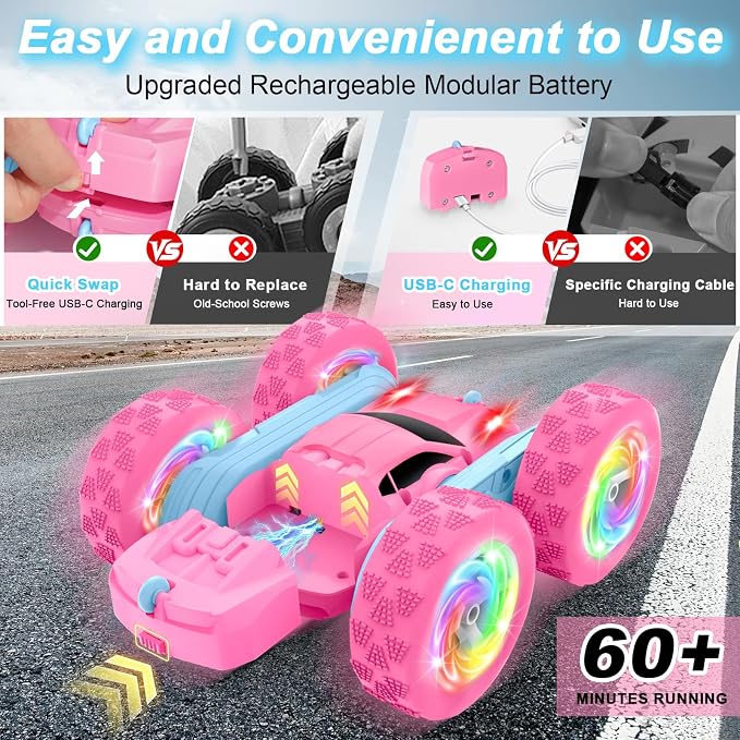 Remote Control Car, RC Cars for Girls, 2.4 GHz Double Sided RC Crawler with Upgraded USB-C Modular Battery, 360°Rotating Car Toys for 6 7 8 9 10 11 12 Year Old Girl Birthday Gift PinkBlue