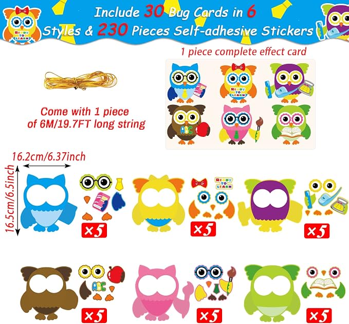 30 PCS Back to School Crafts First Day of School Owl Sticker Craft Kits for Preschool Kids Colorful DIY Bulk Owls Themed Bulletin Board Cutouts Classroom Game Activities Party Favors