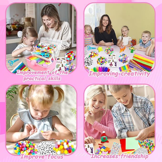 3000 Arts and Crafts Supplies for Kids Craft Kit Craft Box with Pipe Cleaners Arts and Crafts for Kids Age 4-6, 6-8, 8-12 DIY School Supplies Materials Set Toys Gifts for Girls Boys Toddlers, Red