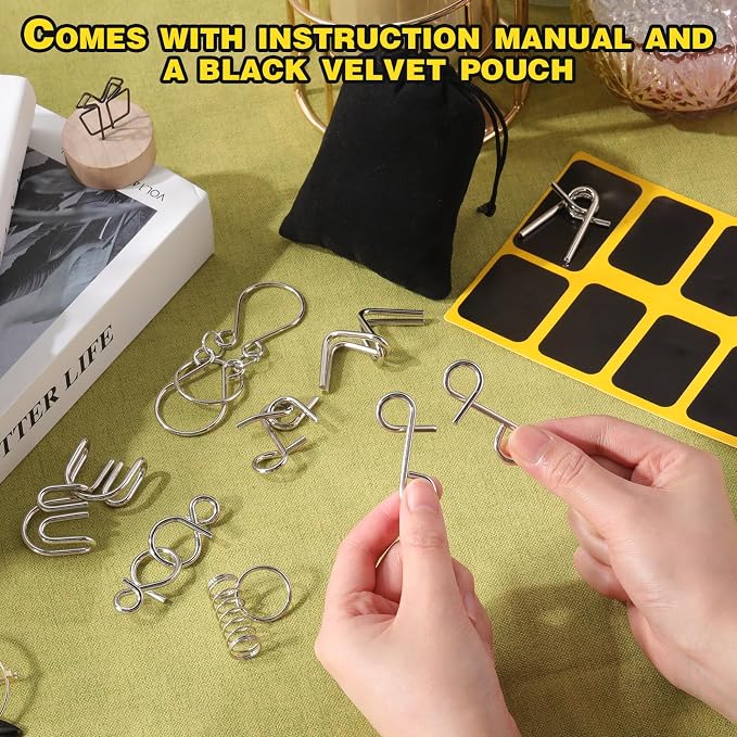Metal Wire Puzzle Set of 8 with Pouch, Brain Teaser Puzzles IQ Test Ring Disentanglement Unlock Interlock Game Trick Metal for Party Favor Challenge(A Style)