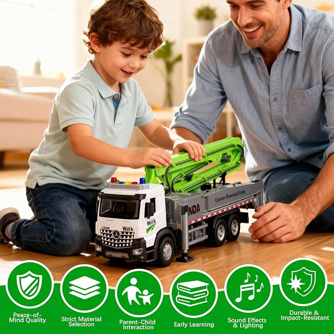 Cement Concrete Pump Truck Toy - Extendable Concrete Boom Pump Construction Trucks Site Playset Building Water Spray Todder Kids Age 3 4 5 6 7 8 Year Old Boy Birthday Christmas Vehicles Education Gift