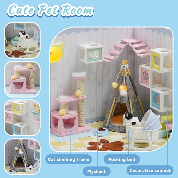 Kisoy Dollhouse Miniature with Furniture Kit, DIY 3D Wooden DIY House Kit A Corner of a Small Apartment Style with Dust Cover & LED,Handmade Tiny House Toys for Gift of Teens and Adults(Pet Room)