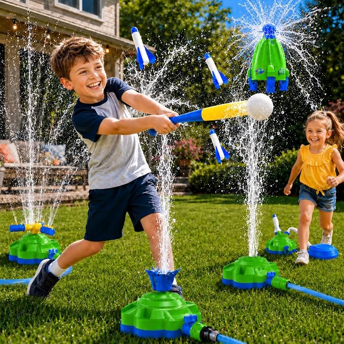 4-in-1 Water Sprinkler Toy for Kids,Backyard Outdoor Water Toys with Water-Spraying Rocket, Baseball Game, Rocket Launcher, Spinning Spray,Summer Yard Water Toys for Boys Girls Ages 4-12