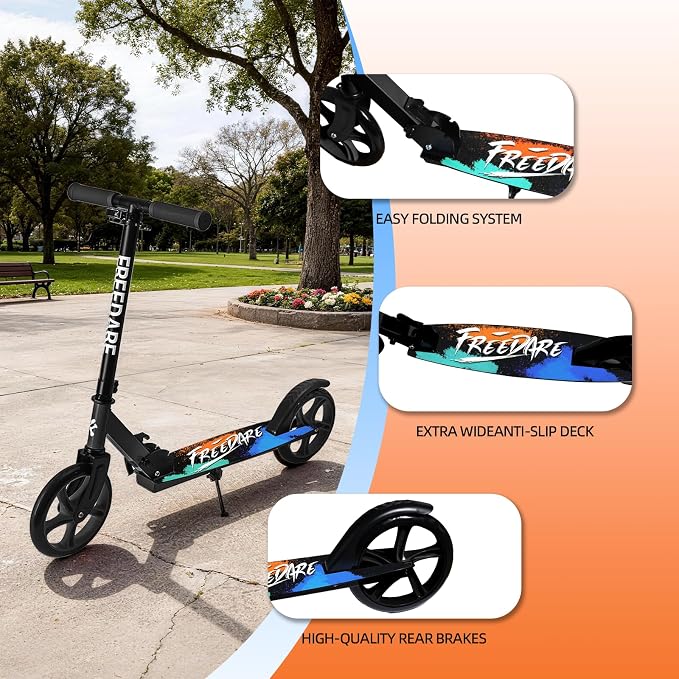 FREEDARE Kick Scooter for Kids & Adults Ages 8+, Foldable Teen Scooter with 2 Big 8-inch Wheels and 4-Level Adjustable Handlebar, Max Load 220 LBS