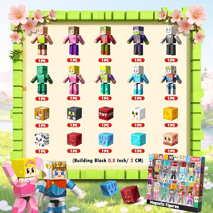 20 Pcs Magnetic Action Figures Playset, Magnetic Building Block Animal Cartoons Toys with Magnetic Cubes, 360° Rotating Arms and Legs, Creative Play Set for Kids 6+, Birthday Gifts for Boys Girls