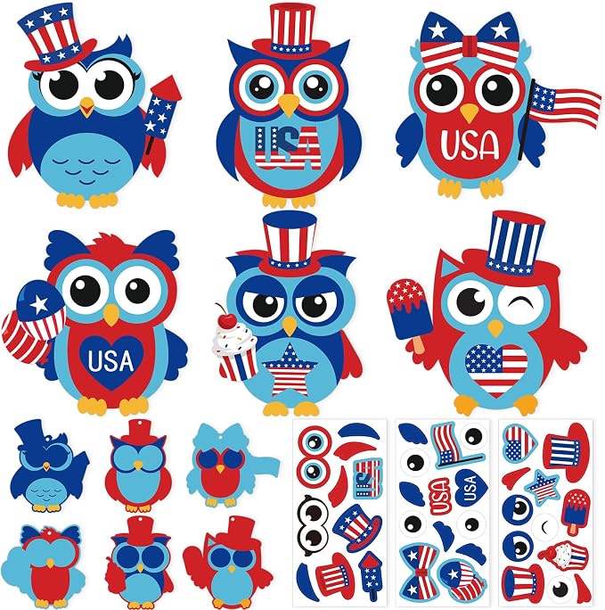 PAIVSUN 24Pcs 4th of July Crafts for Kids, DIY Owl Stickers Crafts Kit, Make Your Own Patriotic Arts Activity, Memorial Independence Day Decorations Gifts for Classroom Home Party Supplies