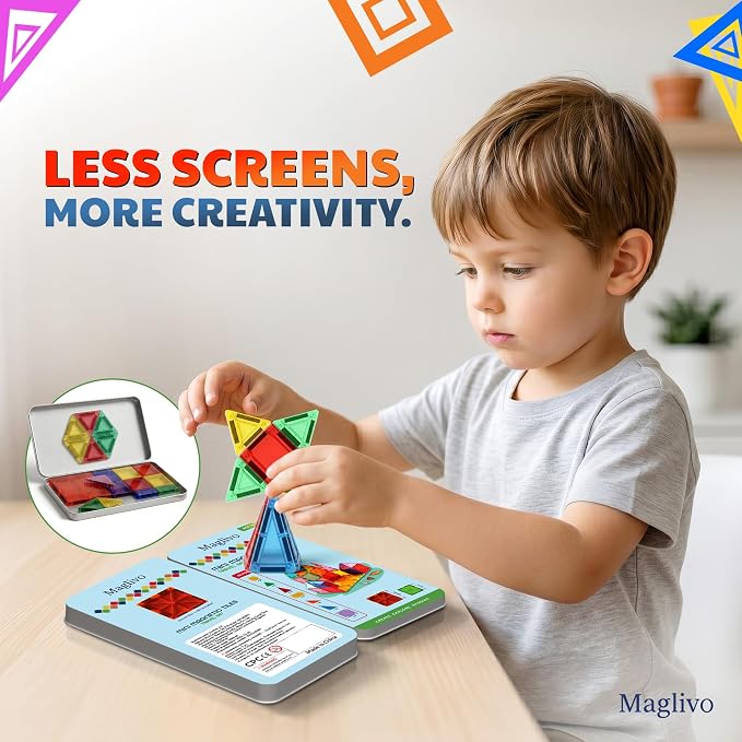 Mini Magnetic Tiles Travel Set 40 Pcs, Our is W/1 Bigger Tile, Mini Magnetic Tiles with Case for Kids- Travel Magnetiles-Magnet Tiles Travel Set